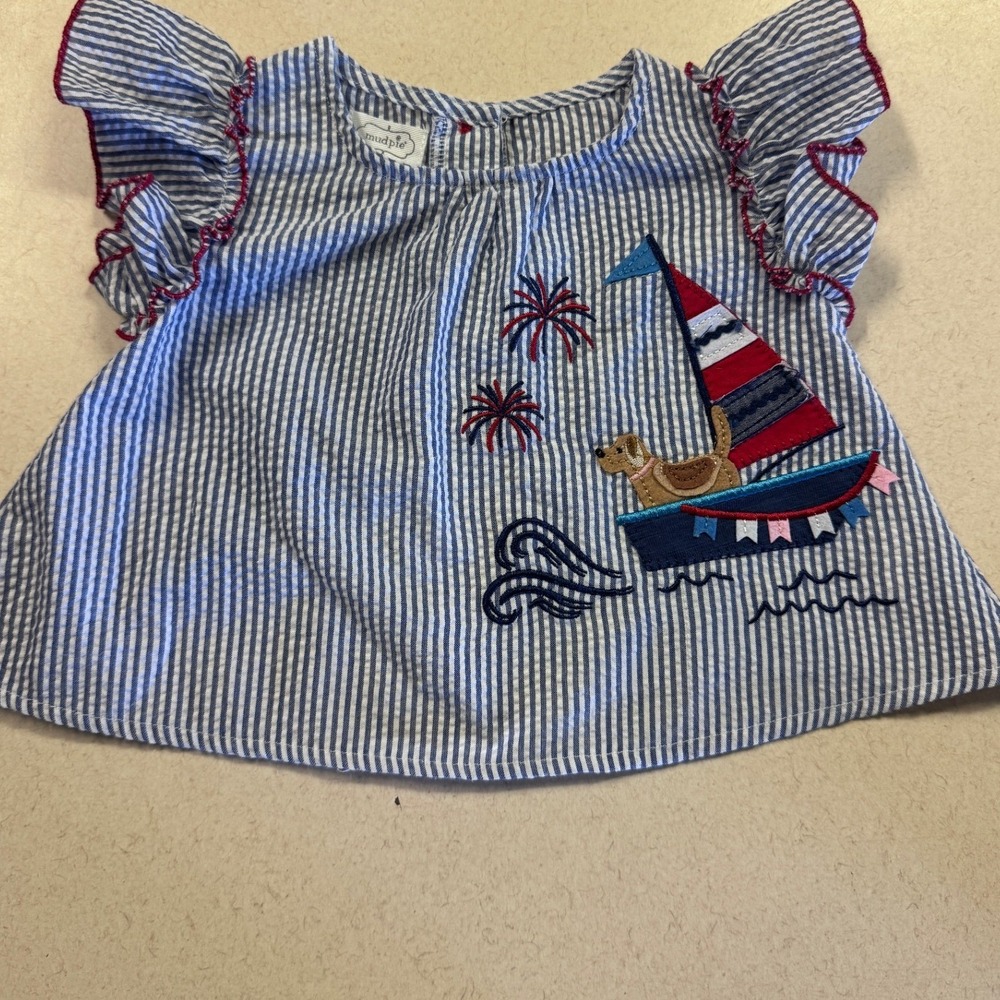 Mud Pie Baby Girls Blue Seersucker Nautical Sailboat Dog Flutter Top 9-12 months
